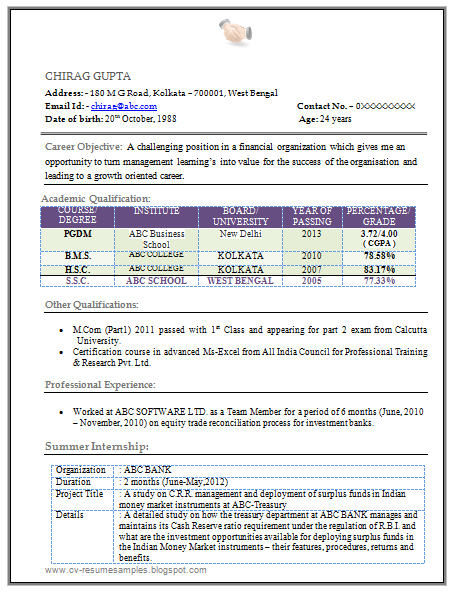 Latest resume format for freshers mba hr